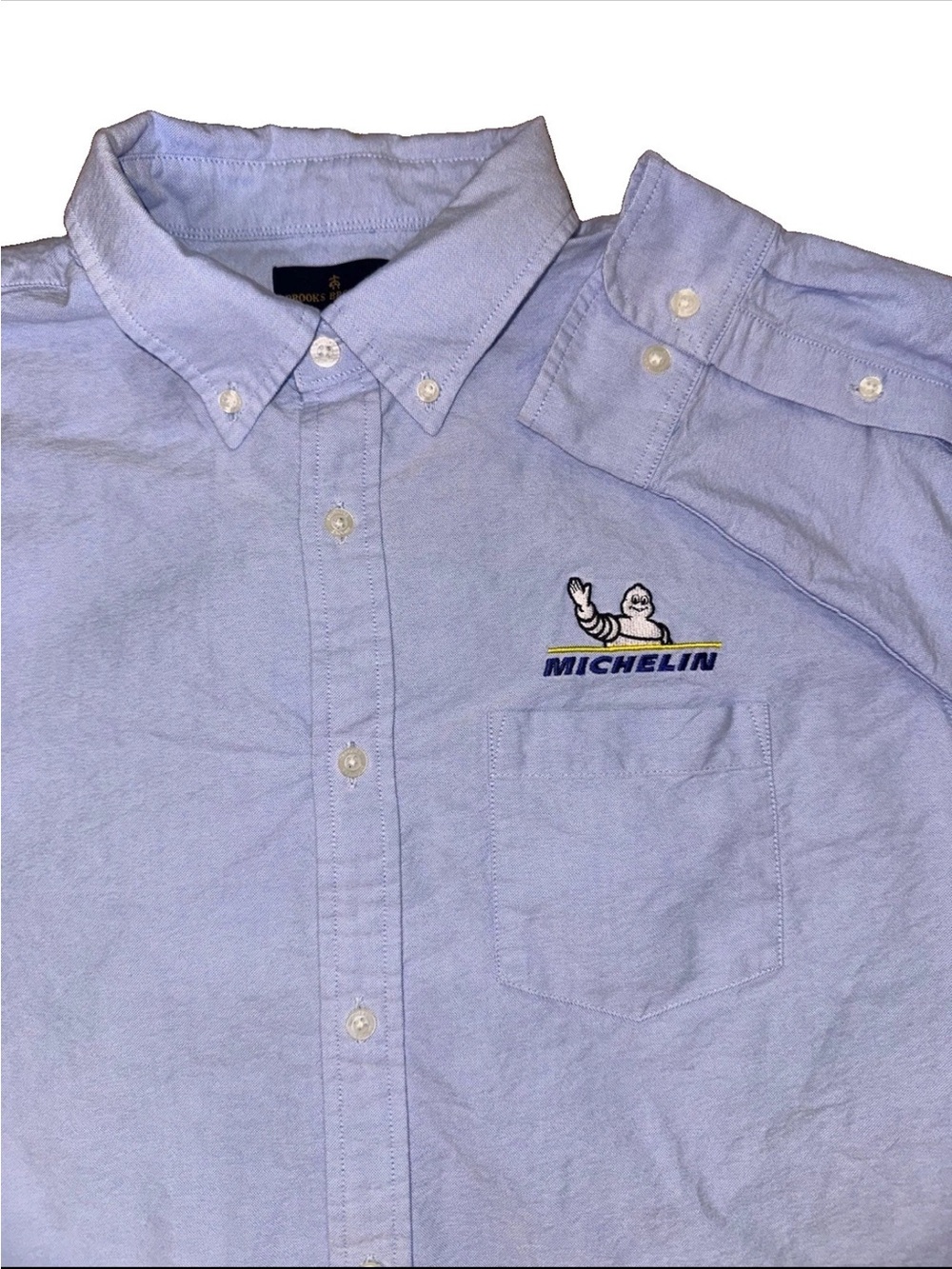 Brooks Brothers Men's XL Blue Solid Woven Cotton Button Down Michelin Man Logo